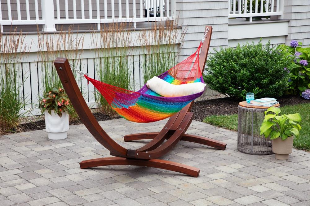 tight weave hammock on wooden hammock stand