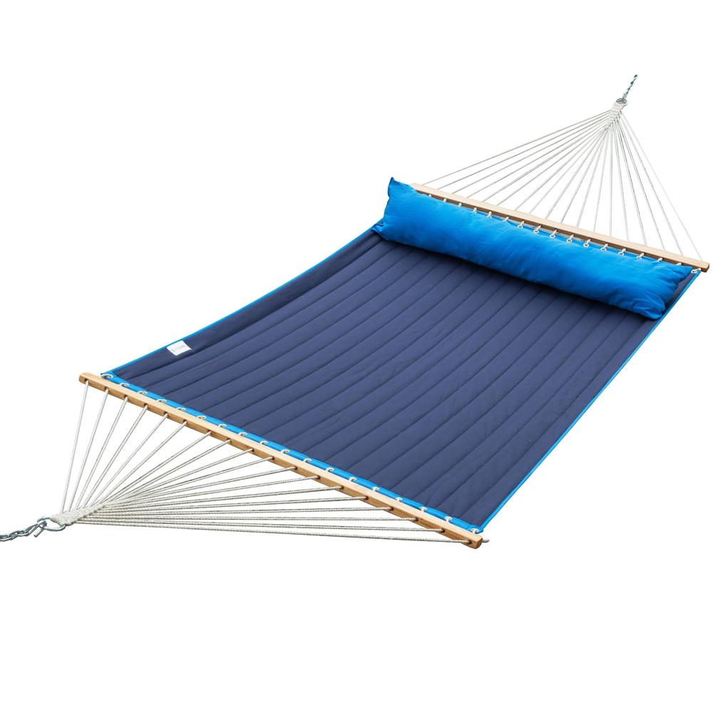 Blue Quilted Hammock with Wooden Spreader Bar and Hammock Pillow