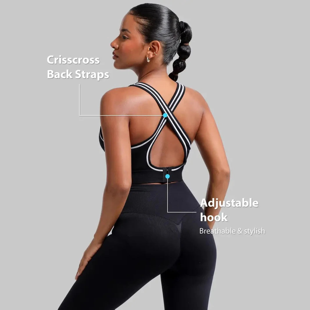Women's Seamless Adjustable Strap Crisscross Open-Back Striped Contrast Gym Yoga Sports Bra for High-Impact Training