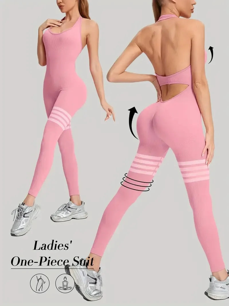Women's Seamless Butt Lift Tummy Control Yoga Jumpsuit with Long Pants Striped Sports Bodysuit