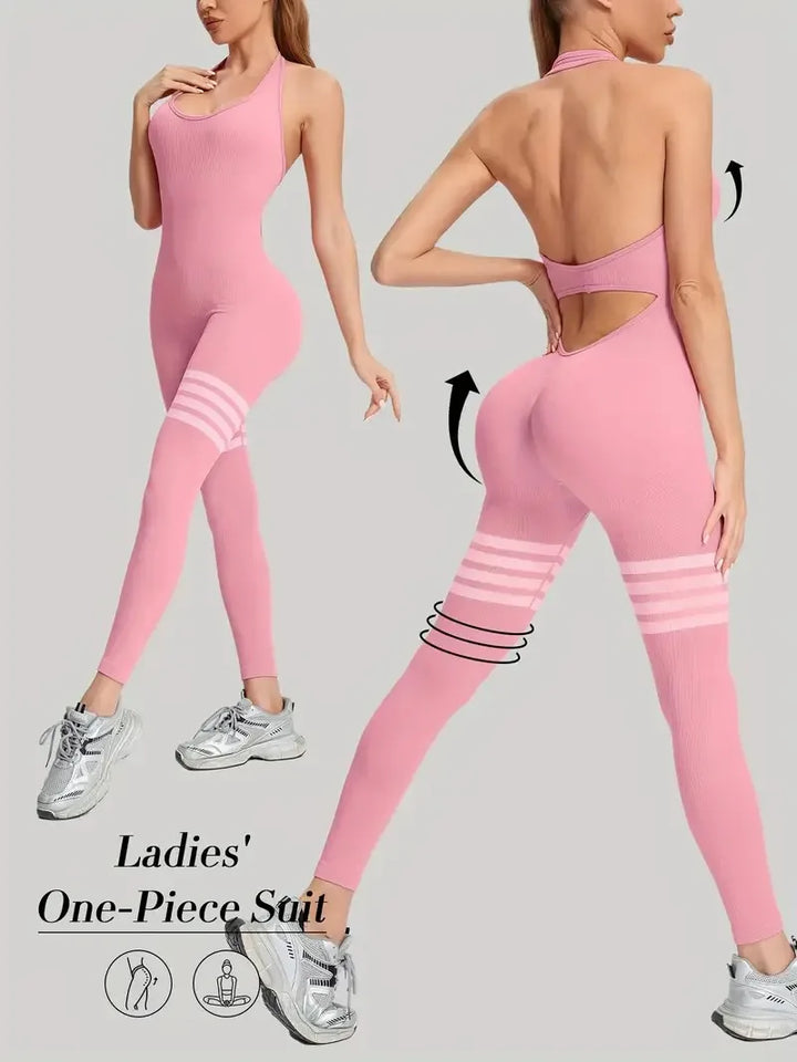 Women's Seamless Butt Lift Tummy Control Yoga Jumpsuit with Long Pants Striped Sports Bodysuit
