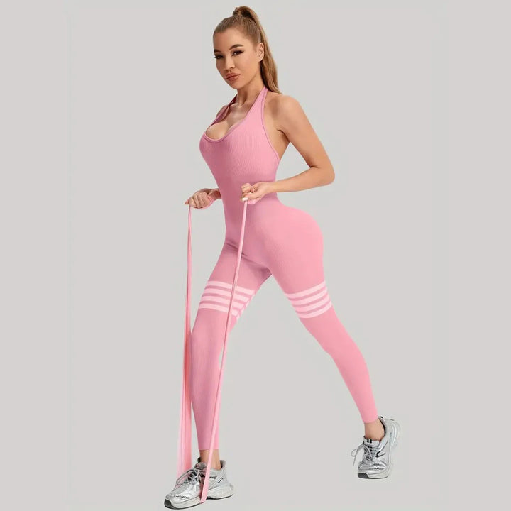 Women's Seamless Butt Lift Tummy Control Yoga Jumpsuit with Long Pants Striped Sports Bodysuit