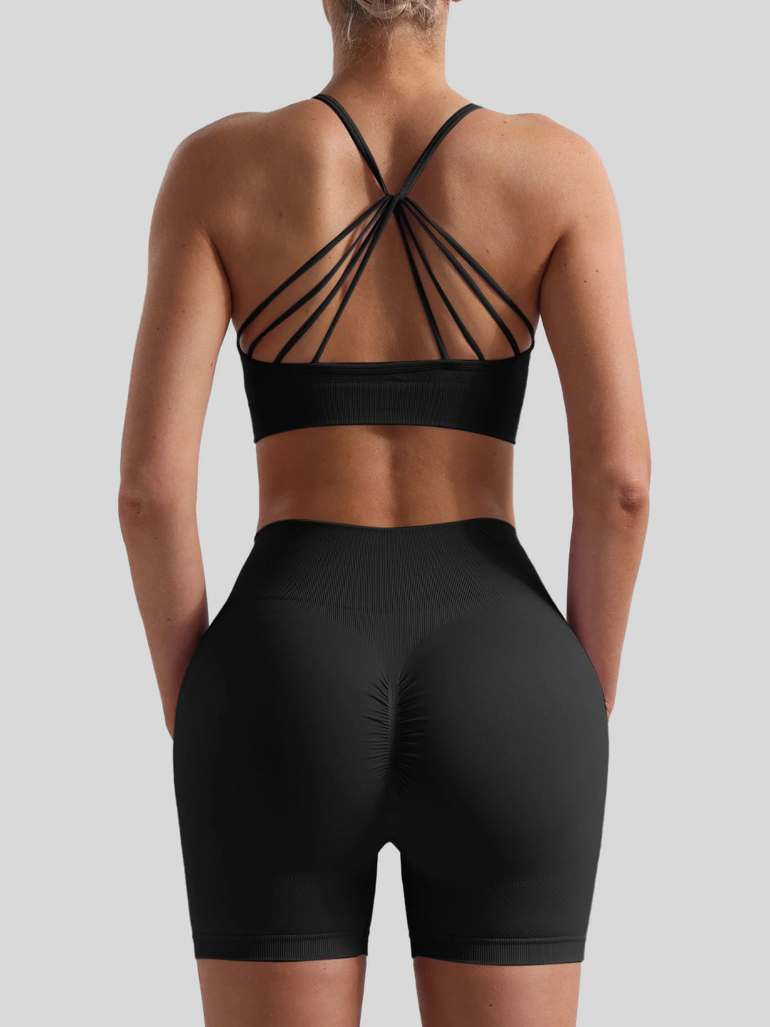 Women Seamless Breathable Yoga Wear Two-Piece Set Solid Shoulder Strap Sports Bra High-Waisted Shorts Set