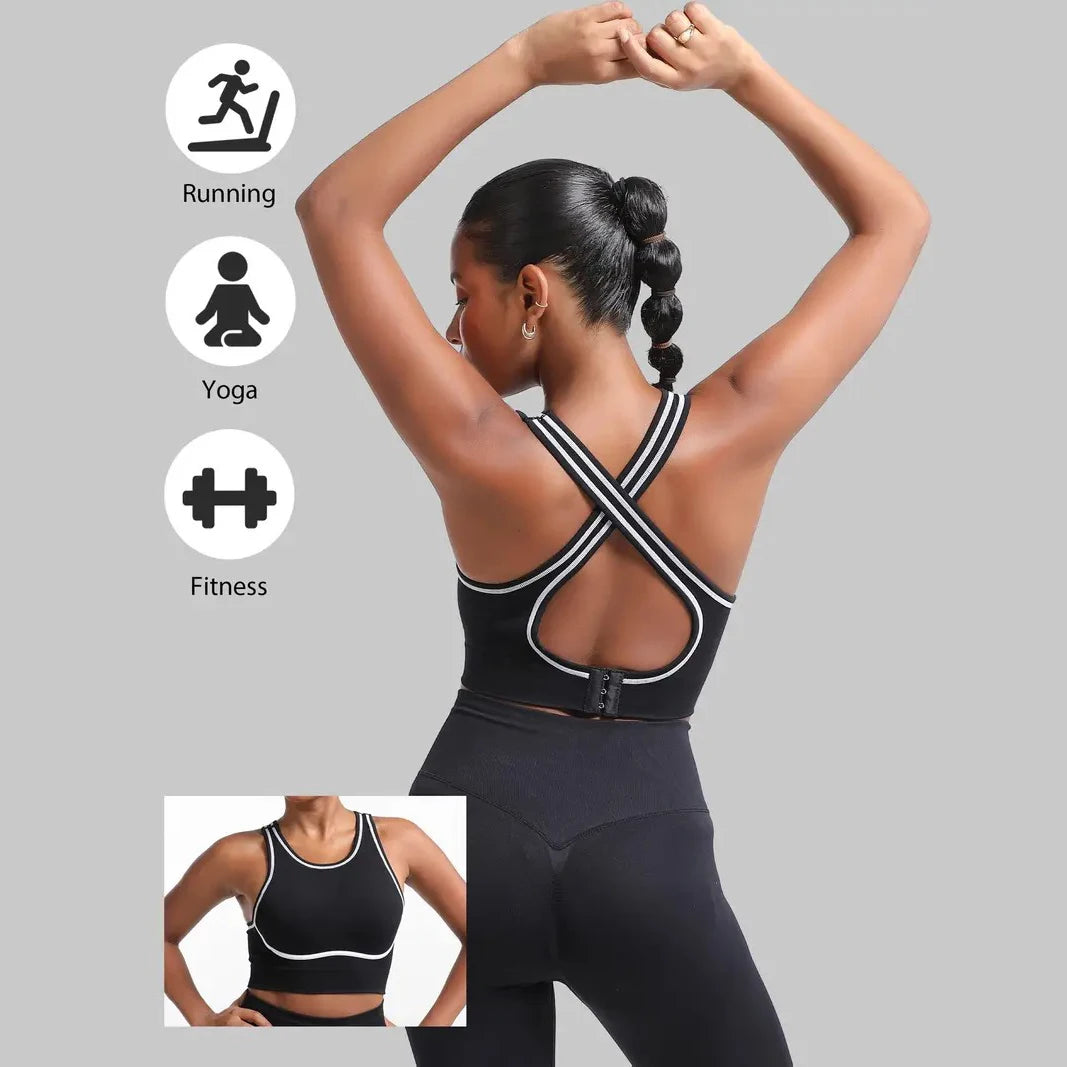 Women's Seamless Adjustable Strap Crisscross Open-Back Striped Contrast Gym Yoga Sports Bra for High-Impact Training