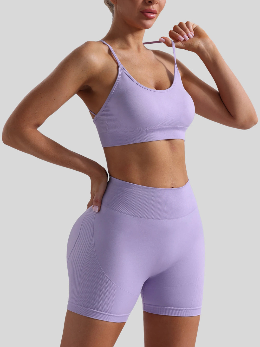 Women Seamless Breathable Yoga Wear Two-Piece Set Solid Shoulder Strap Sports Bra High-Waisted Shorts Set