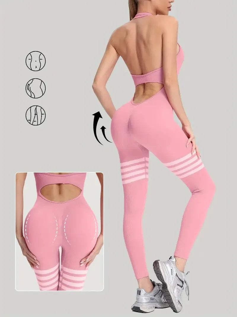 Women's Seamless Butt Lift Tummy Control Yoga Jumpsuit with Long Pants Striped Sports Bodysuit