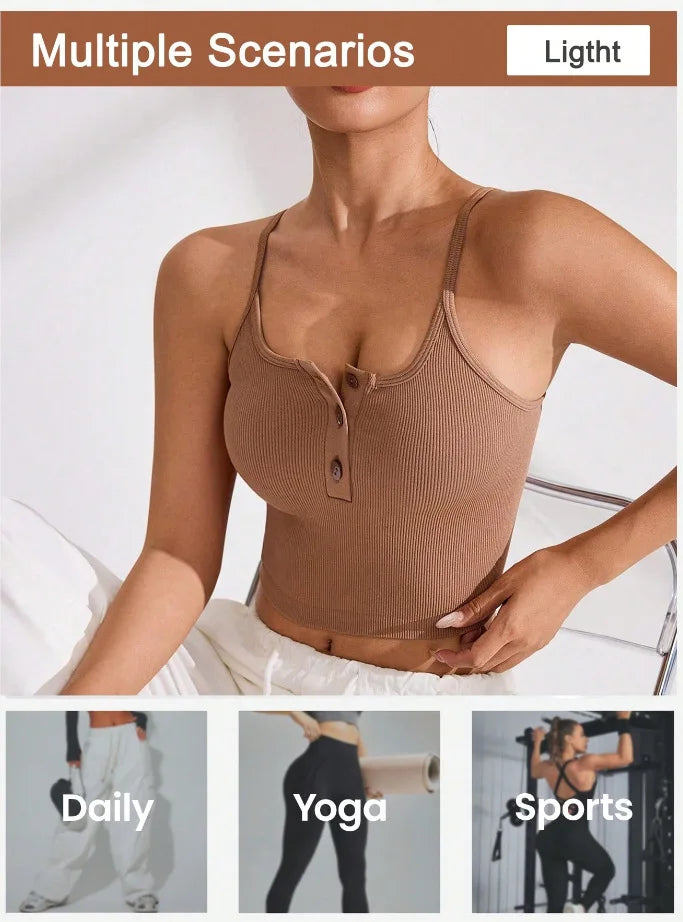 Women's Summer Sleeveless Yoga Top American Style Small Camisole Vest Buttons Breathable Chest Pads Inner Wear Covers Side