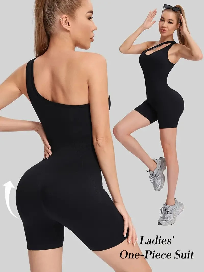 Women's Seamless One-Piece Sports Bodysuit Diagonal Shoulder Straps Five-Point Yoga Pants for Fitness Running Cycling Jumpsuit