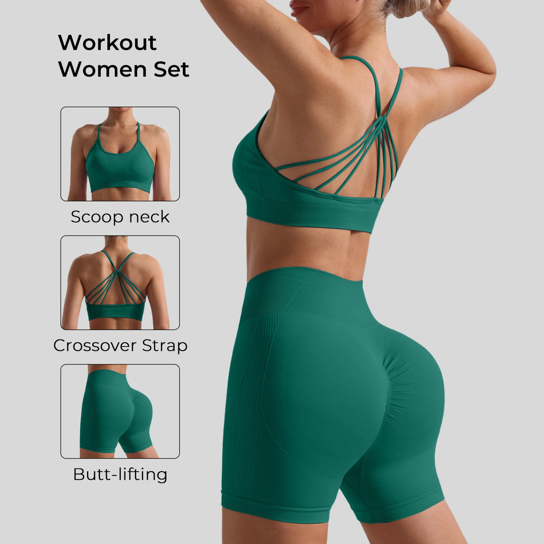 Women Seamless Breathable Yoga Wear Two-Piece Set Solid Shoulder Strap Sports Bra High-Waisted Shorts Set