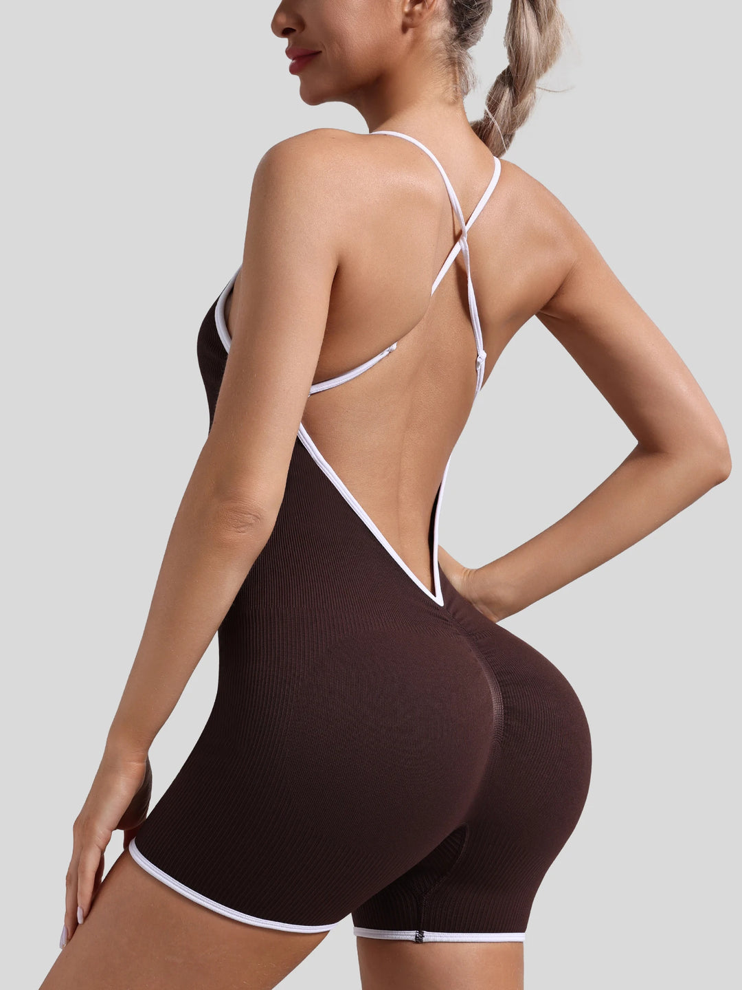 Women Seamless Quick-Drying Cross-Back Design Jumpsuit Contrasting Color Straps One-Piece Shorts
