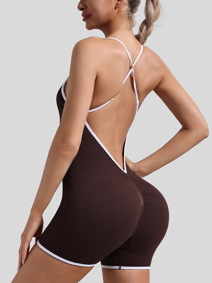 Women Seamless Quick-Drying Cross-Back Design Jumpsuit Contrasting Color Straps One-Piece Shorts