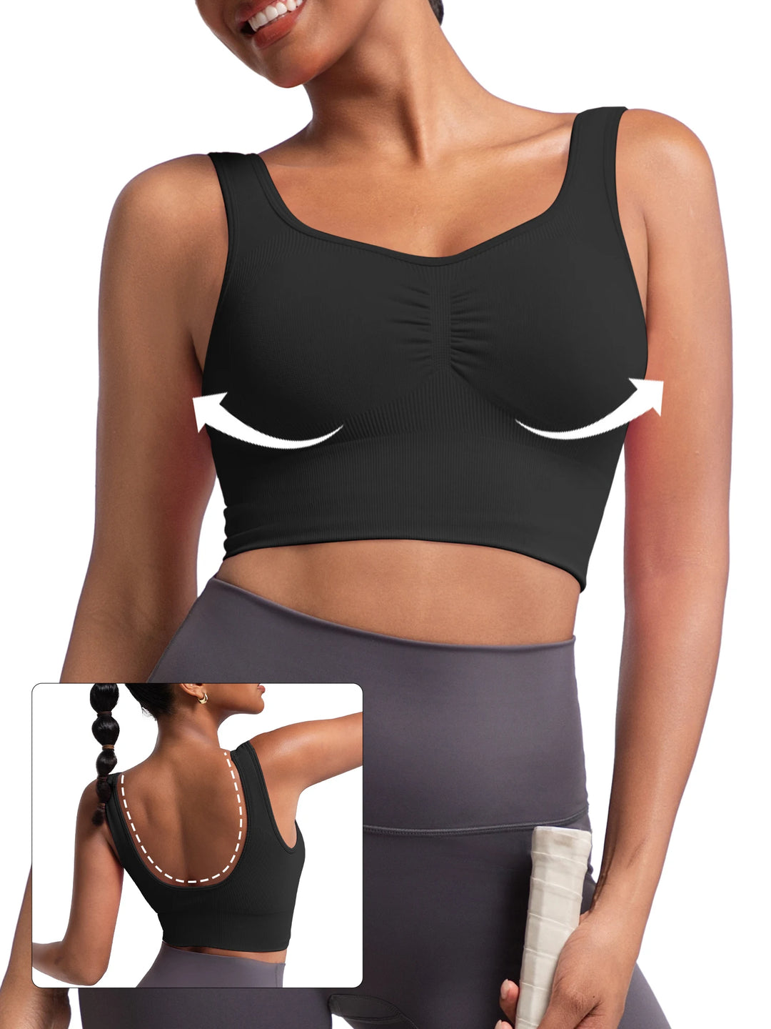 Womens Longline Sports Bra - Workout Crop Tank Tops Padded Yoga Camisole With Built in Pads