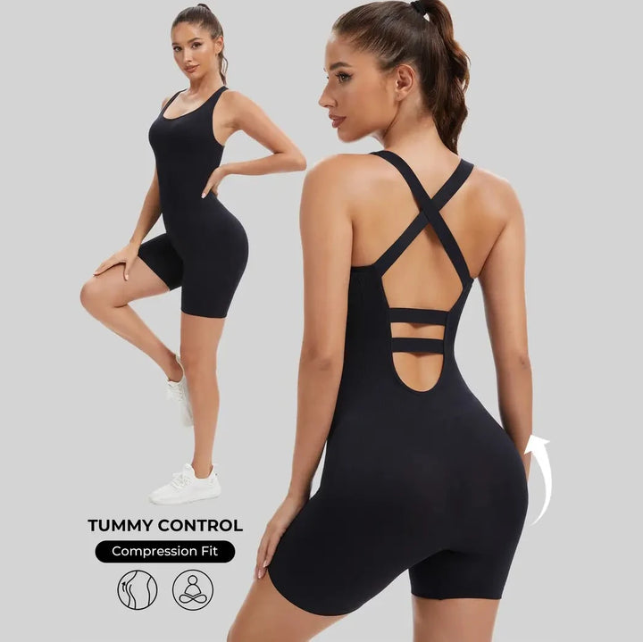 Women's Breathable Quick-Dry High-Waisted Cross-Back Straps Workout Bodysuit Yoga One-Piece for Pilates, Running Fitness