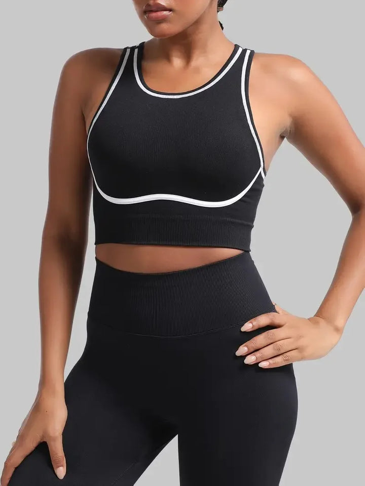 Women's Seamless Adjustable Strap Crisscross Open-Back Striped Contrast Gym Yoga Sports Bra for High-Impact Training