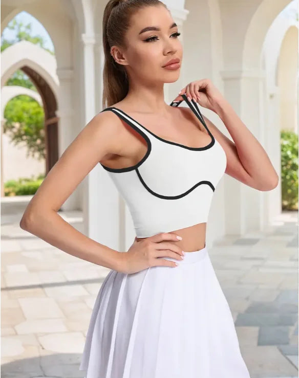 Women's Quick-Drying Yoga Top U-Shape Collar Waterproof Fitness Vest Solid Design Front Logo Spandex Material Short Print