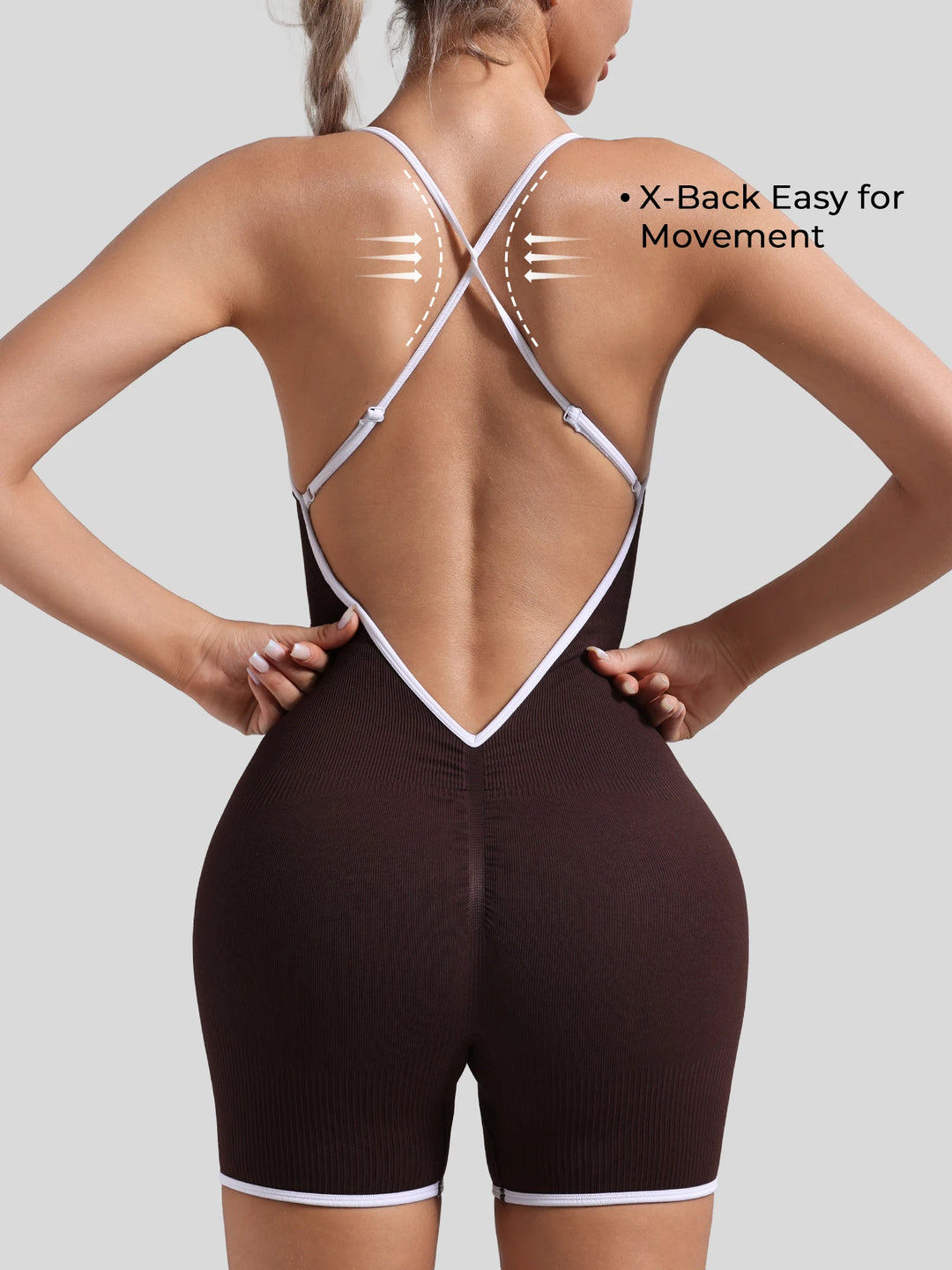 Women Seamless Quick-Drying Cross-Back Design Jumpsuit Contrasting Color Straps One-Piece Shorts