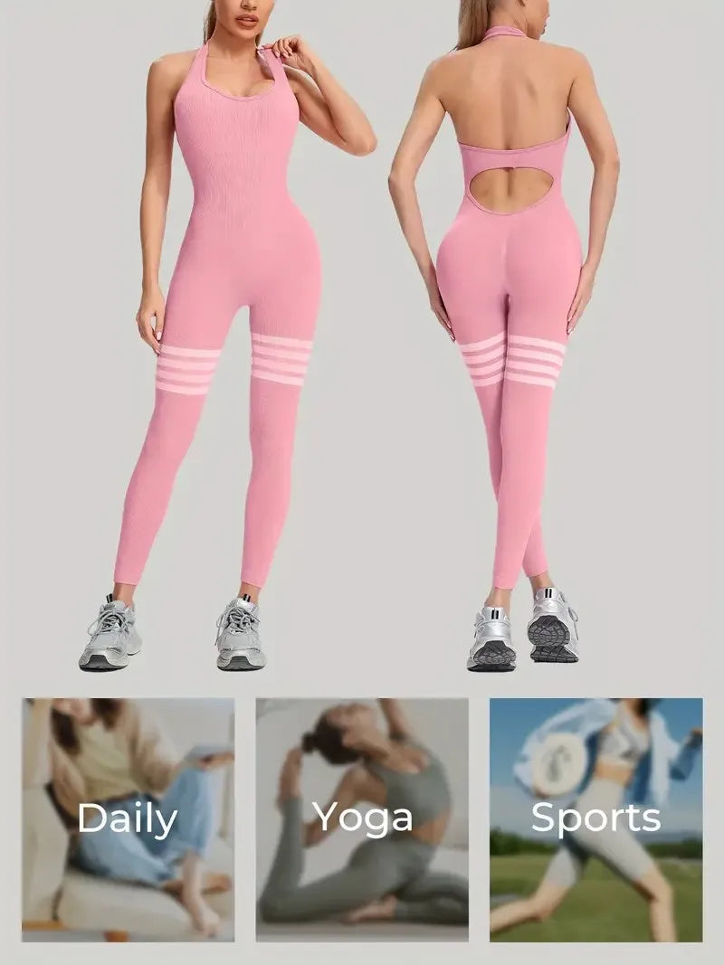 Women's Seamless Butt Lift Tummy Control Yoga Jumpsuit with Long Pants Striped Sports Bodysuit