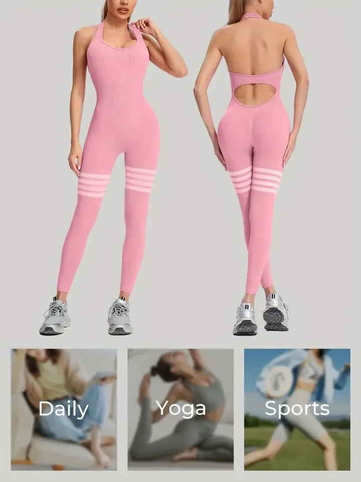 Women's Seamless Butt Lift Tummy Control Yoga Jumpsuit with Long Pants Striped Sports Bodysuit