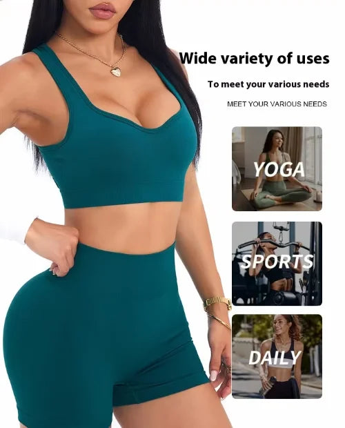 Women's Seamless Yoga Set Cross Strap Sports Bra Peach Butt Fitness Shorts Solid Pattern Printed Sports Apparel for Running Yoga