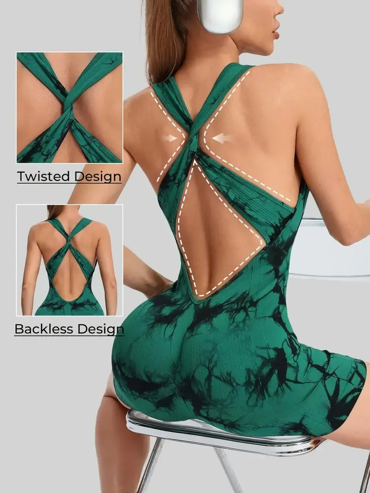 Women's Tie-Dye Deep V-Neck Sports Bodysuit Sexy Backless Fitness Yoga Clothing with Hip-Lifting Crossover Design