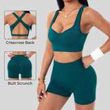 Women's Seamless Yoga Set — Cross-Strap Sports Bra & High-Waist Shorts