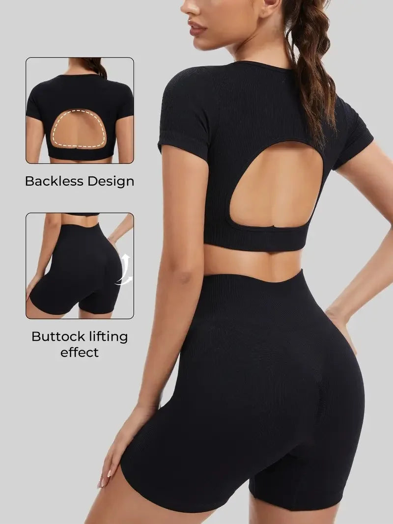 Quick-drying Breathable Seamless Yoga Set Fitness Suit Sports Yoga Short Sleeves and Peach Hip Yoga Pants Shorts