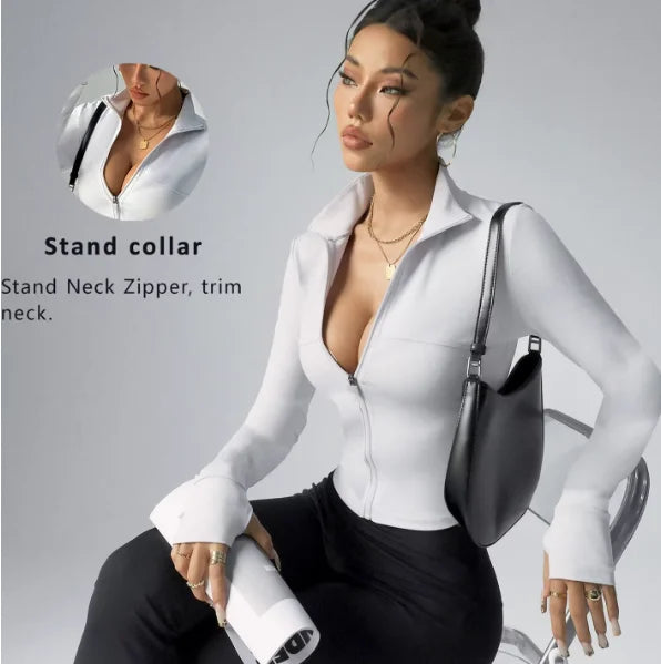 Women's Long Sleeve Zipper Sports Top Bare Sensation Fitness Training Jacket for Autumn Breathable Yoga Tight-Fitting Sports