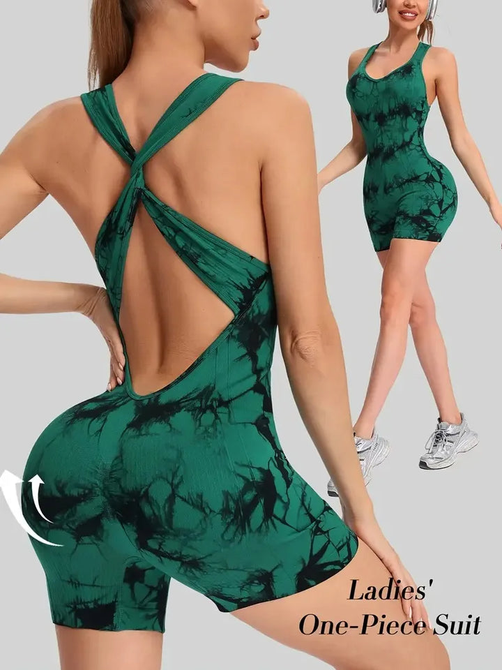 Women's Tie-Dye Deep V-Neck Sports Bodysuit Sexy Backless Fitness Yoga Clothing with Hip-Lifting Crossover Design