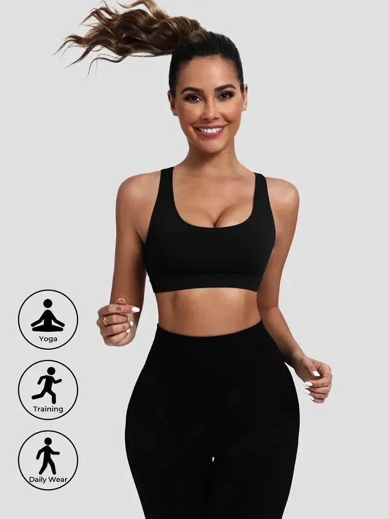 Women's Sports Bra with Medium Support Cross Back Padded Strappy Design Removable Cups Breathable Yoga Bra