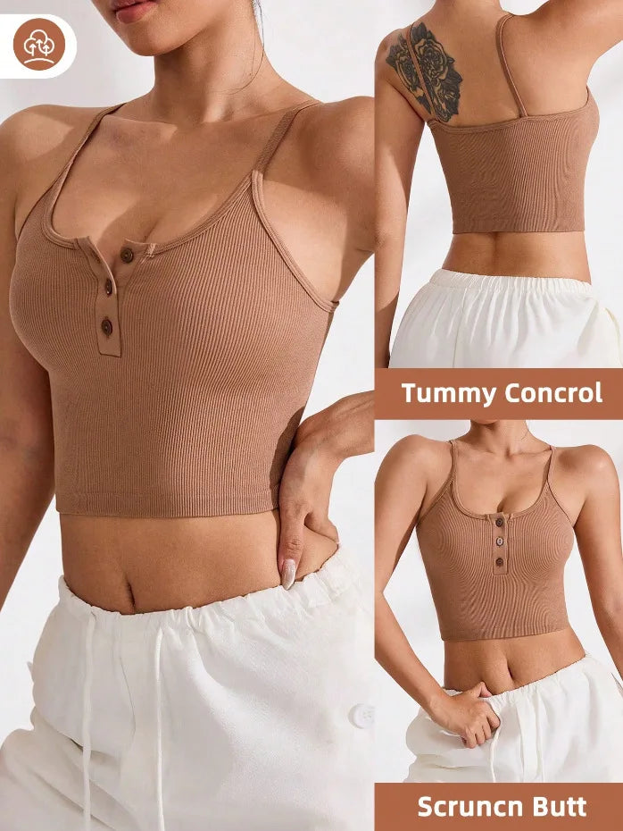 Women's Summer Sleeveless Yoga Top American Style Small Camisole Vest Buttons Breathable Chest Pads Inner Wear Covers Side