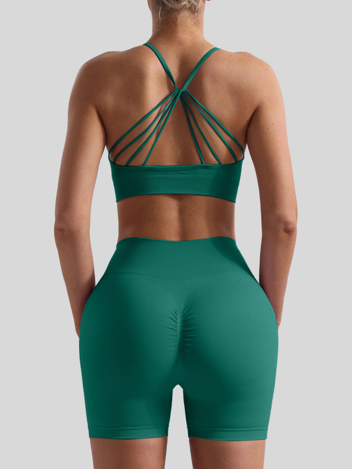 Women Seamless Breathable Yoga Wear Two-Piece Set Solid Shoulder Strap Sports Bra High-Waisted Shorts Set