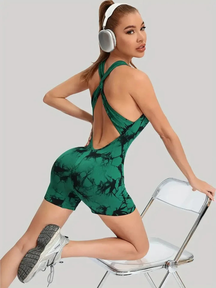 Women's Tie-Dye Deep V-Neck Sports Bodysuit Sexy Backless Fitness Yoga Clothing with Hip-Lifting Crossover Design