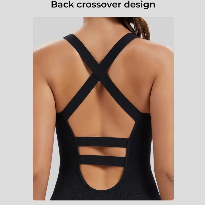Women's Breathable Quick-Dry High-Waisted Cross-Back Straps Workout Bodysuit Yoga One-Piece for Pilates, Running Fitness