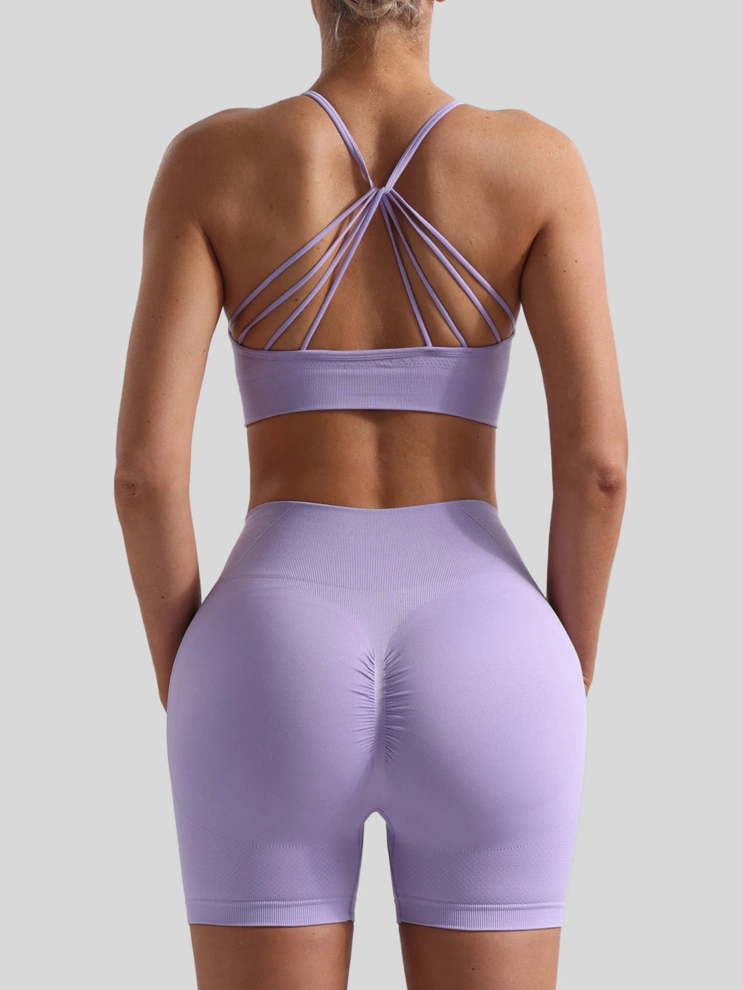 Women Seamless Breathable Yoga Wear Two-Piece Set Solid Shoulder Strap Sports Bra High-Waisted Shorts Set