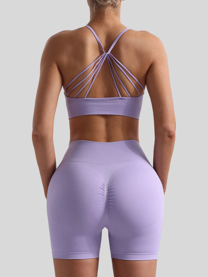 Women Seamless Breathable Yoga Wear Two-Piece Set Solid Shoulder Strap Sports Bra High-Waisted Shorts Set
