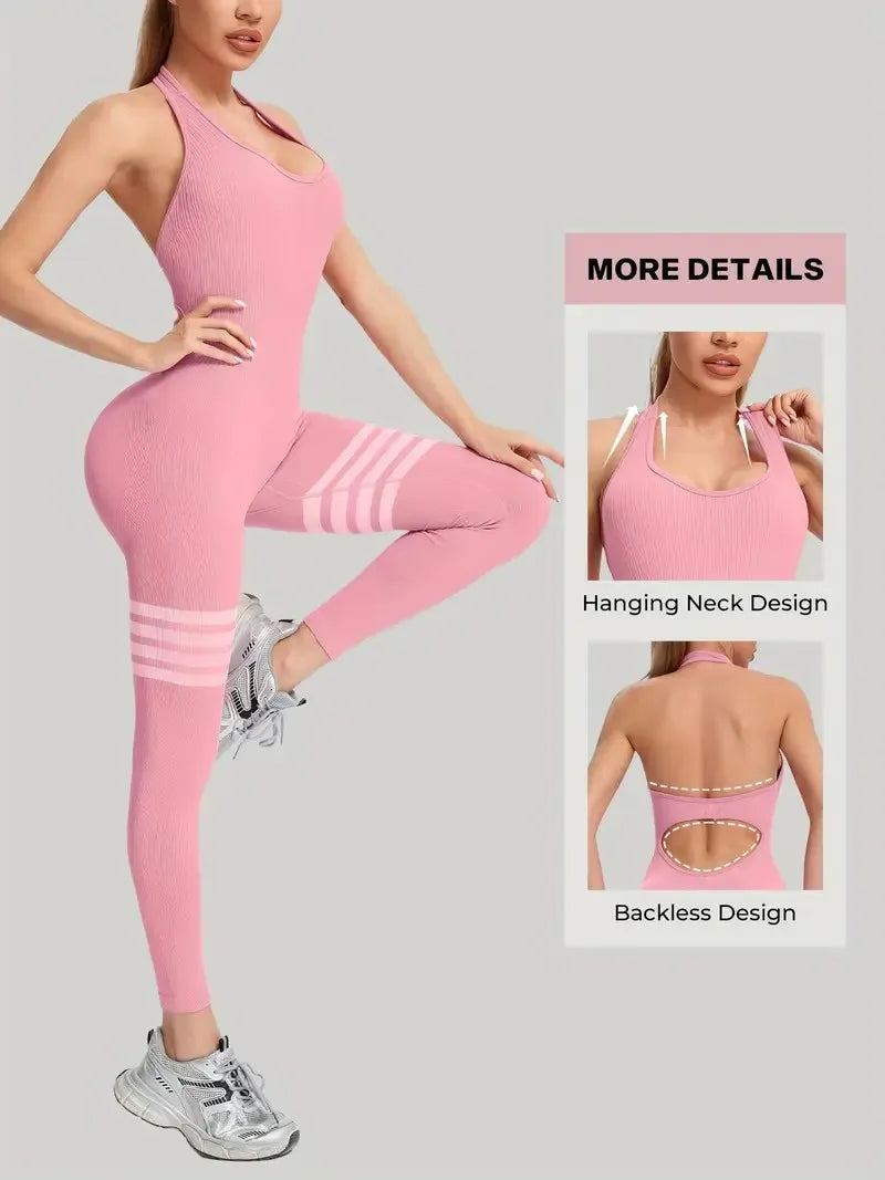 Women's Seamless Butt Lift Tummy Control Yoga Jumpsuit with Long Pants Striped Sports Bodysuit