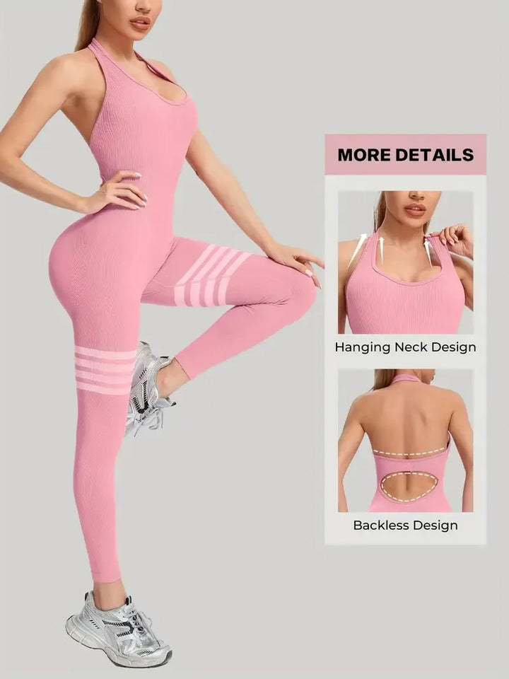 Women's Seamless Butt Lift Tummy Control Yoga Jumpsuit with Long Pants Striped Sports Bodysuit