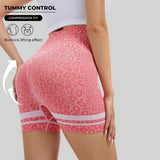 High-Waisted Seamless Yoga Shorts with bold leopard color-block print