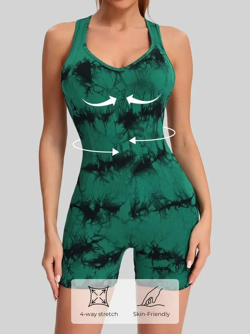 Women's Tie-Dye Deep V-Neck Sports Bodysuit Sexy Backless Fitness Yoga Clothing with Hip-Lifting Crossover Design