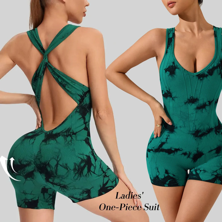 Women's Tie-Dye Deep V-Neck Sports Bodysuit Sexy Backless Fitness Yoga Clothing with Hip-Lifting Crossover Design