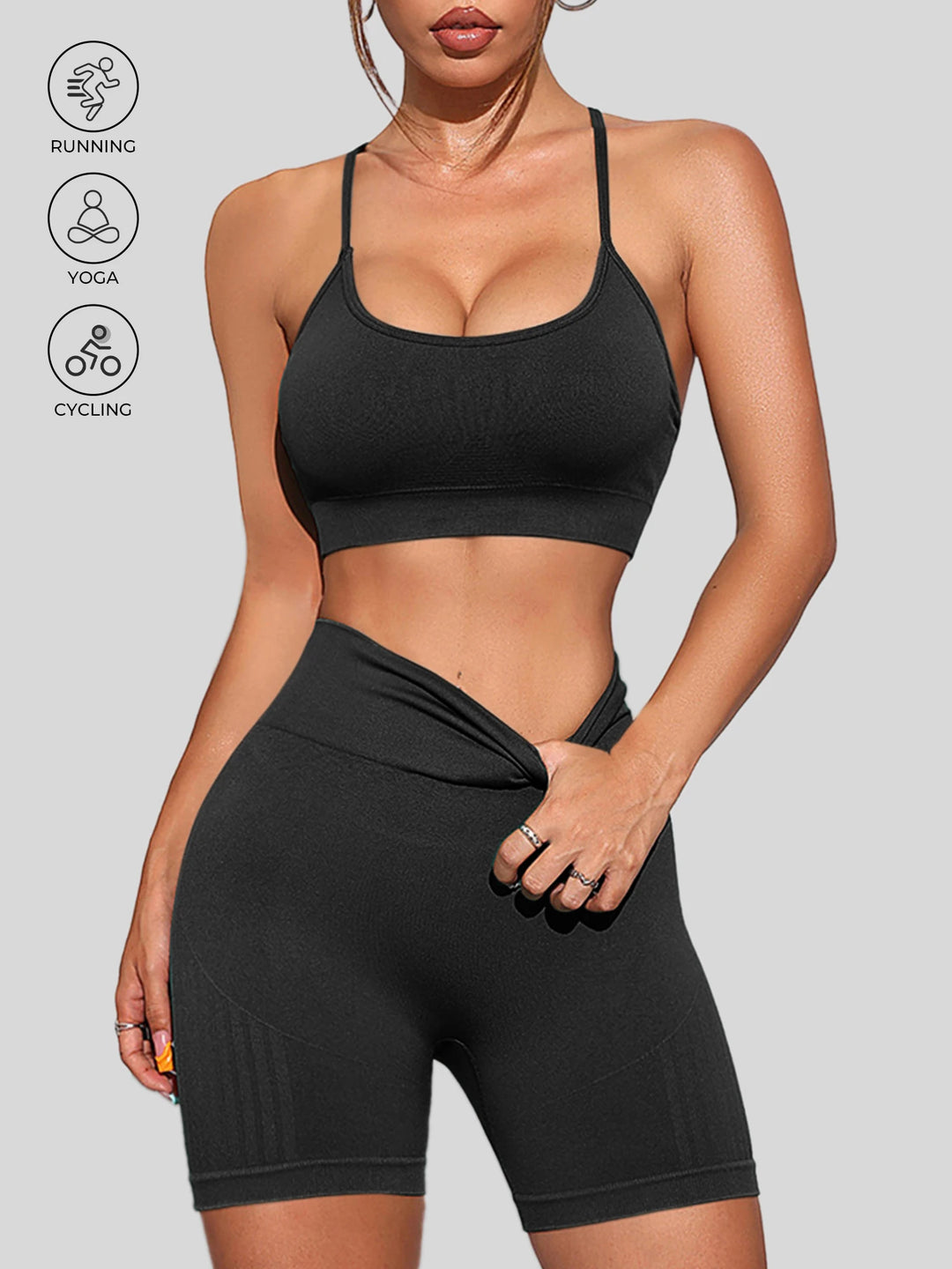 Women Seamless Breathable Yoga Wear Two-Piece Set Solid Shoulder Strap Sports Bra High-Waisted Shorts Set