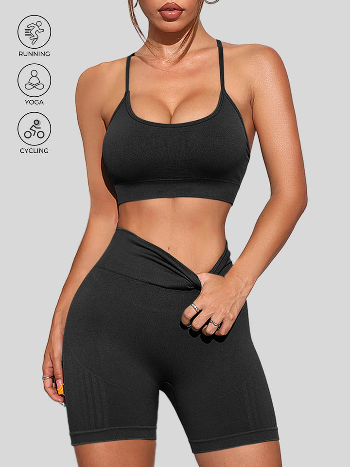 Women Seamless Breathable Yoga Wear Two-Piece Set Solid Shoulder Strap Sports Bra High-Waisted Shorts Set