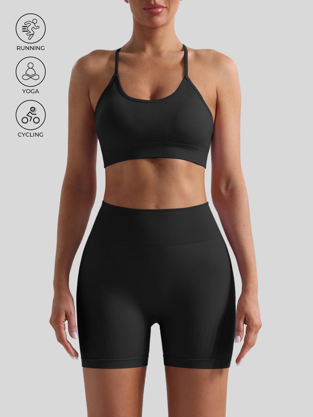 Women Seamless Breathable Yoga Wear Two-Piece Set Solid Shoulder Strap Sports Bra High-Waisted Shorts Set