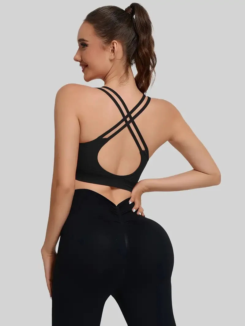Women's Sports Bra, Shockproof Running Fitness Yoga Top, Cross-Shoulder Strap Backless Lingerie Suitable for Yoga, Pilates