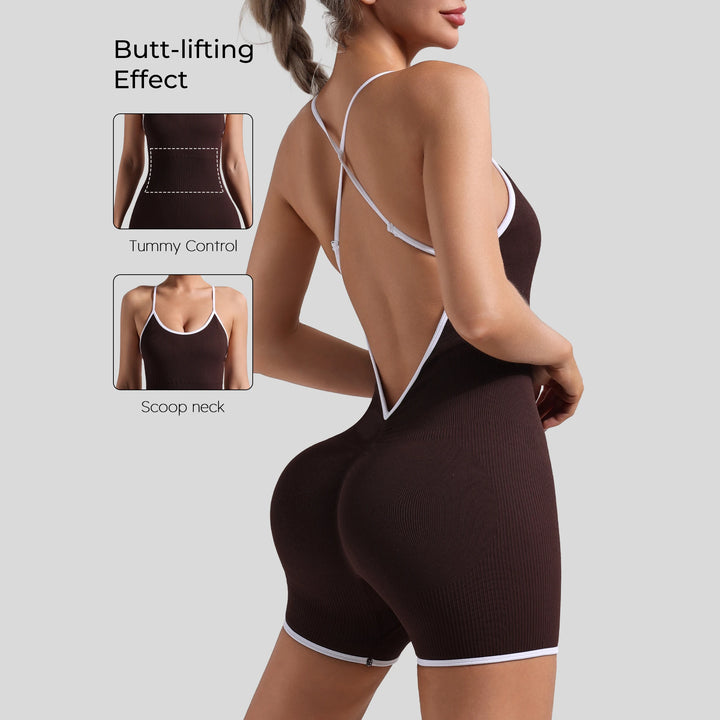 Women Seamless Quick-Drying Cross-Back Design Jumpsuit Contrasting Color Straps One-Piece Shorts
