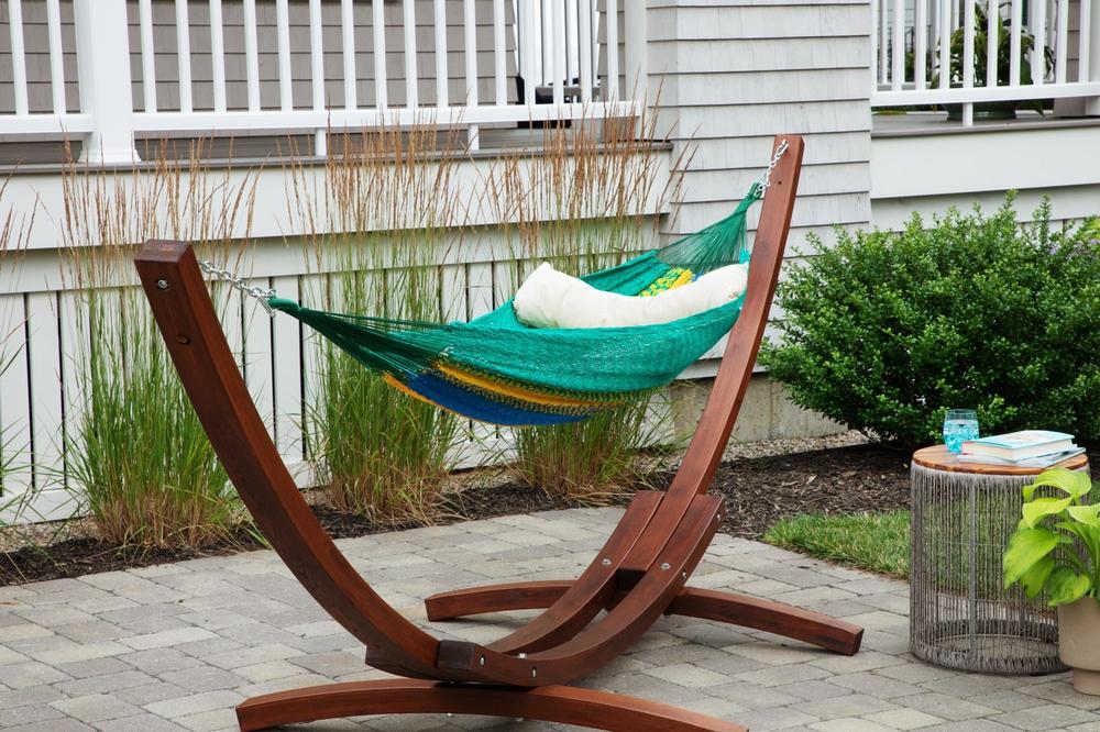 Patio Hammock with Pillow on Wooden Hammock Stand